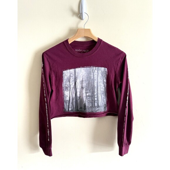 Taylor Swift Folklore Album Crop Top Long Sleeve Shirt Official Burgundy Small - Picture 1 of 6